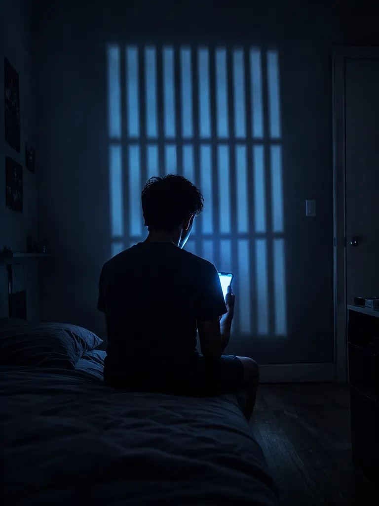 Adolescente absorto no telemóvel durante a noite